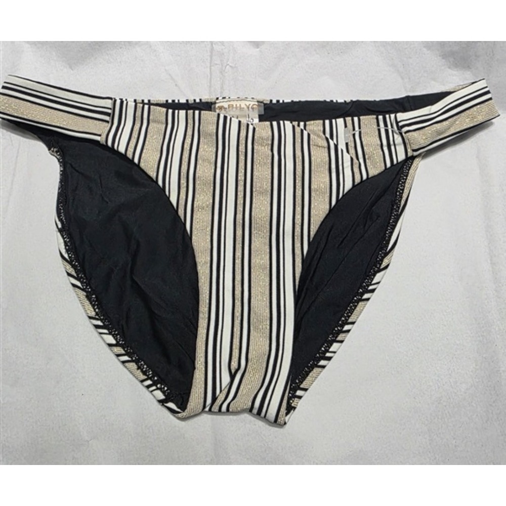 NWT PIlyq S Sparkle Stripe Basic Full Bikini Swim Bottom Black Gold 132213